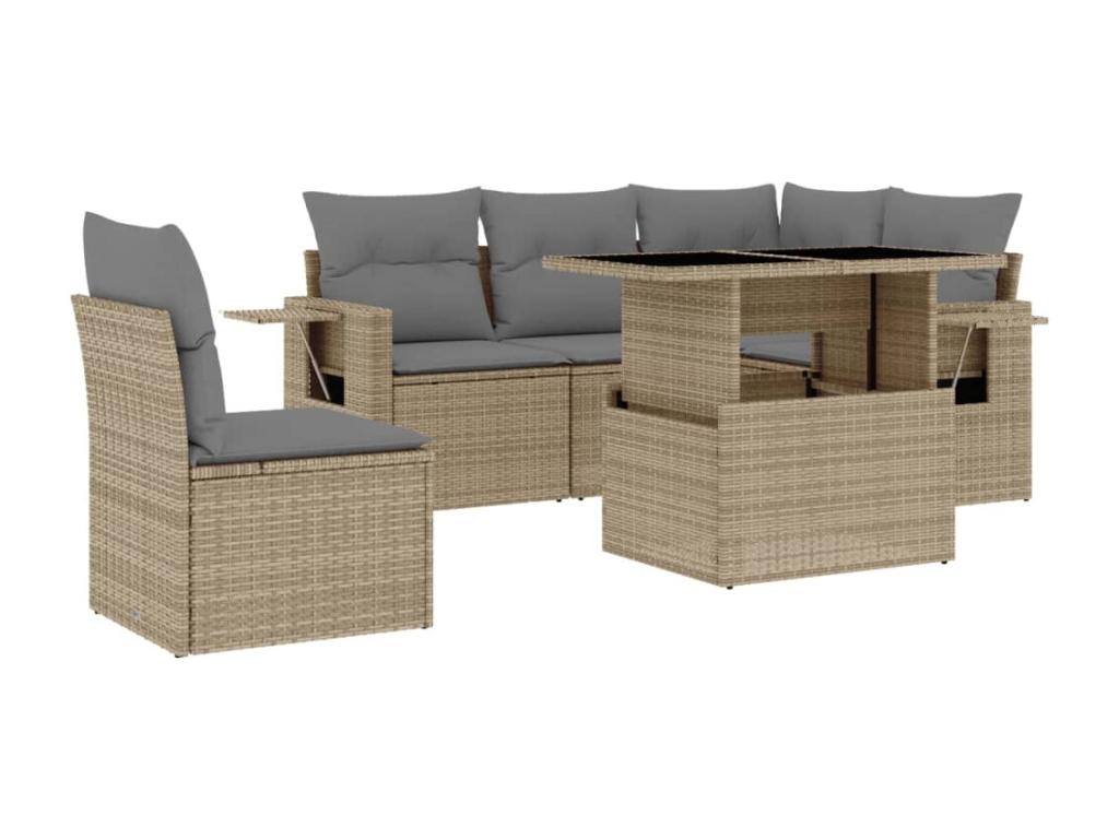 6-piece garden furniture set with cushions, beige woven resin CQGC71724