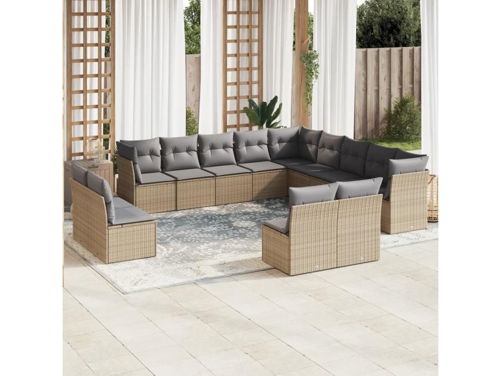 13-piece garden furniture set with cushions, beige woven resin MCOW21633