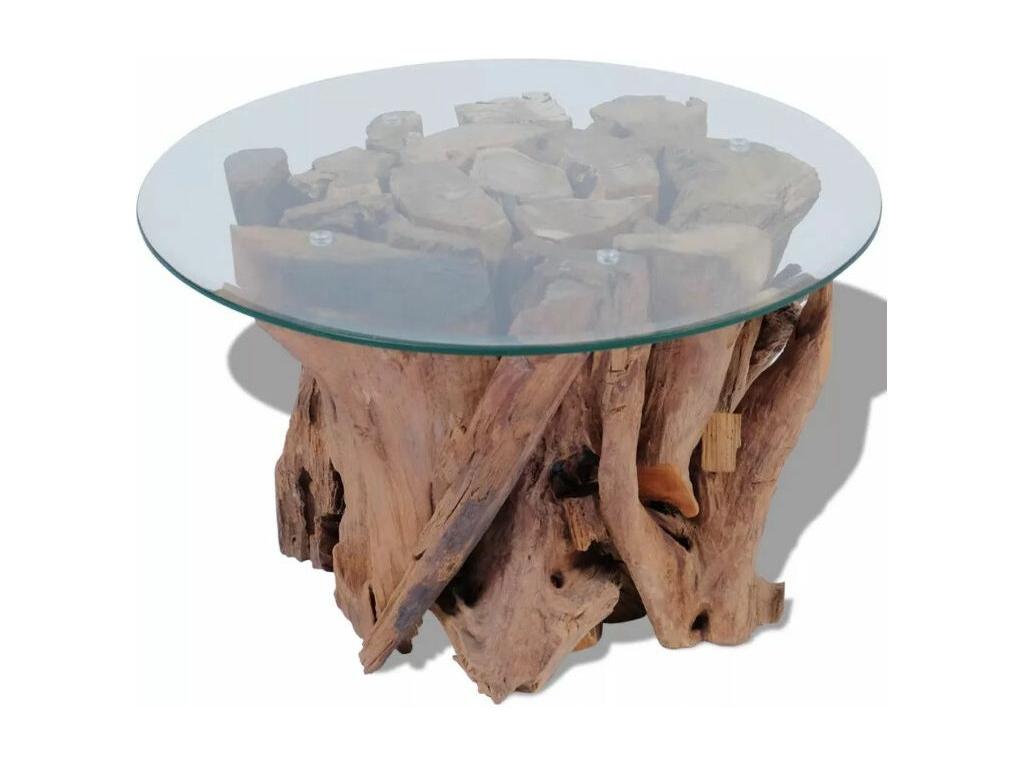 Round coffee table in tempered glass and solid teak, Done MUYK76679