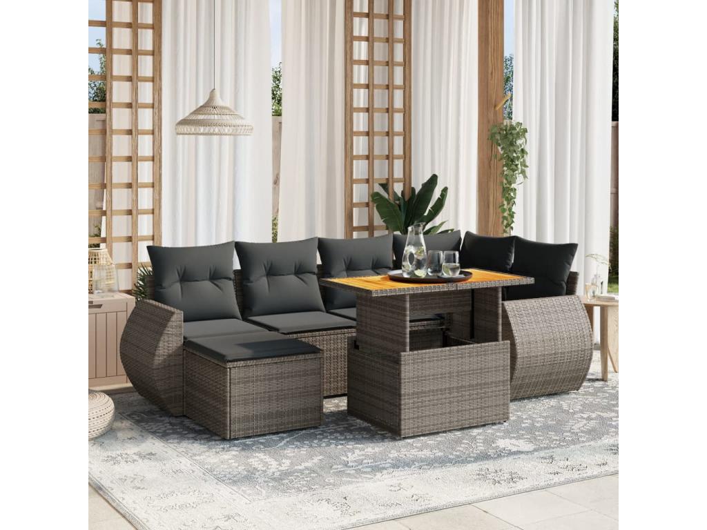 Garden furniture set with cushions, 7 pieces, grey woven resin UAIT00897