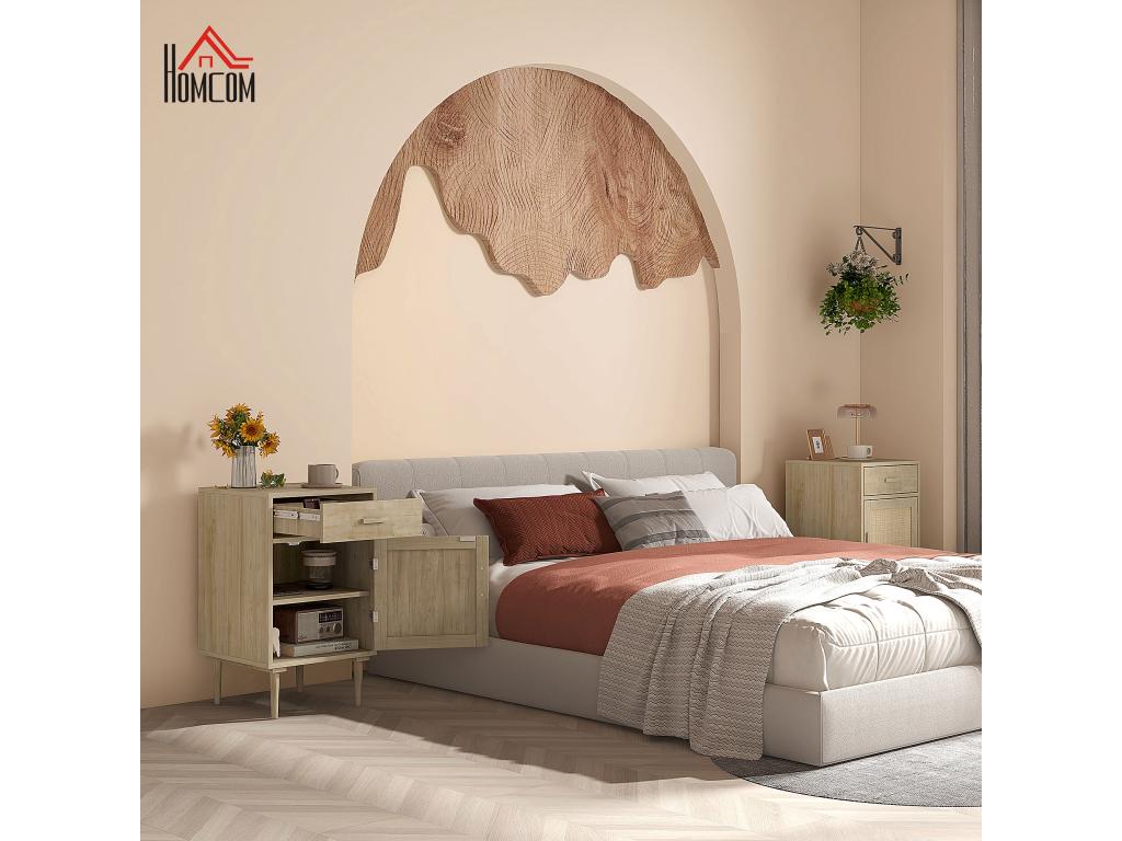 Natural style bedside table - door, shelf, drawer - light wood-look rattan caning JJQL51840