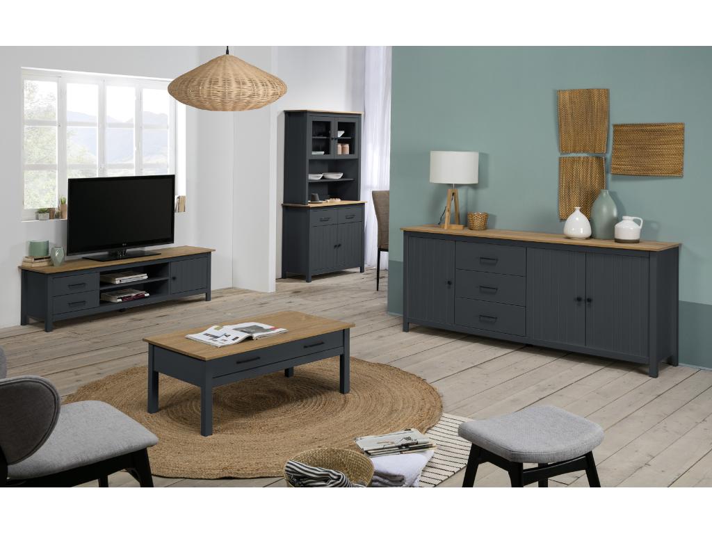 Solid pine display cabinet with waxed oak and blue finish - Length 90 x Depth 40 x Height 180 cm VUSL25954