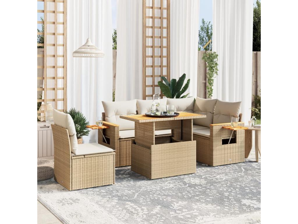 6-piece beige resin wicker garden furniture set with cushions HCOM79763