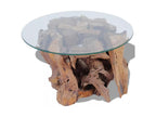 Round coffee table in tempered glass and solid teak, Done MUYK76679