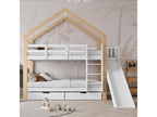 Bunk bed 90x200 cm for 2 sleeping spaces - cabin bed with slide and corner access ladder with 3 steps, 2 solid wood drawers - natural white GLRO76080