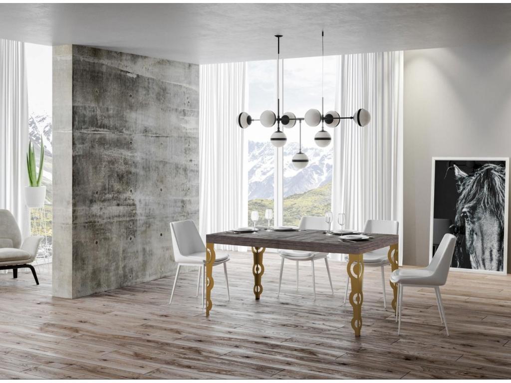 Extendable rectangular oriental table for 6 to 20 people, L 160 to 420cm, dark wood and gold metal legs, Elariva AGSS08661