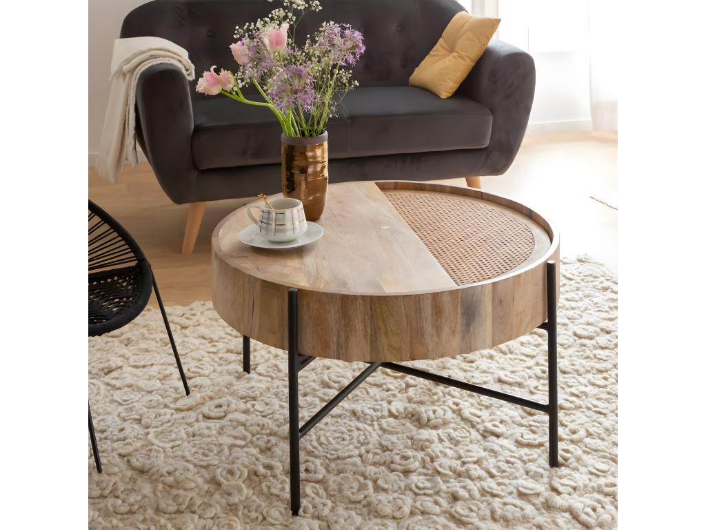 Elariva round coffee table in wood and caning XEHW55046