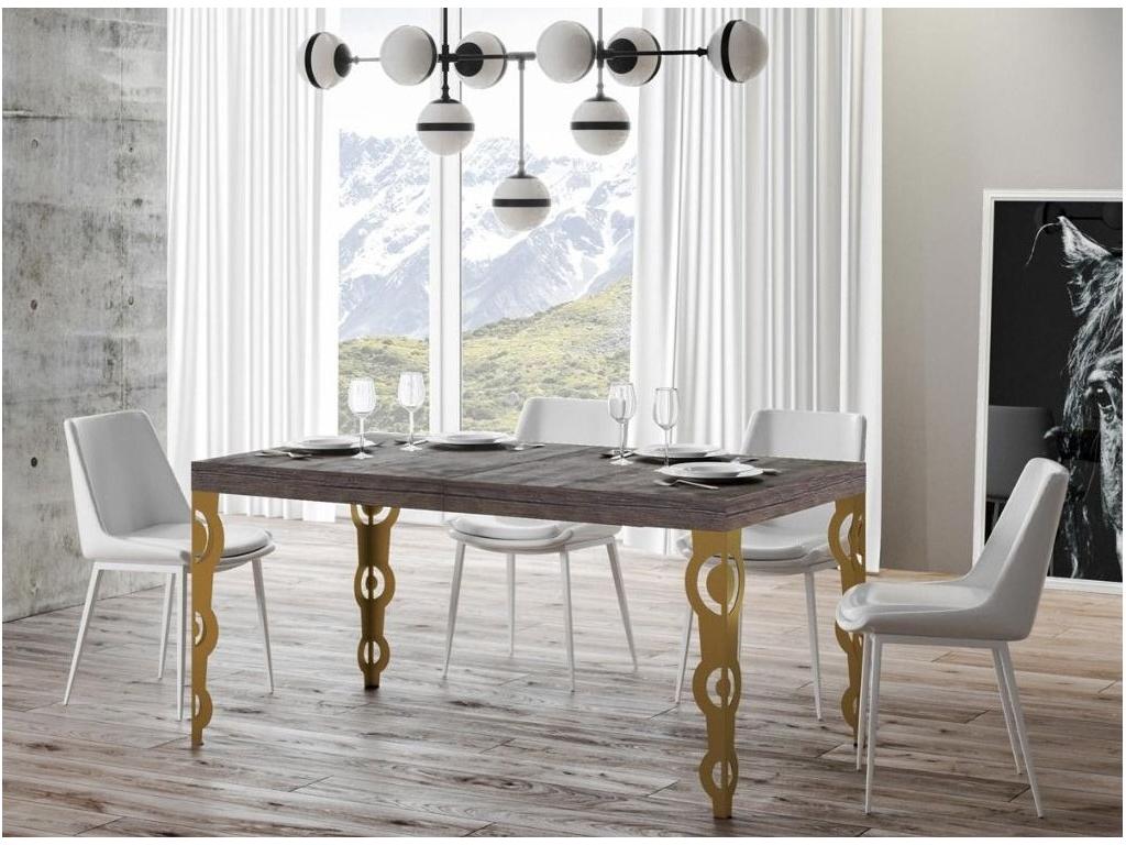 Extendable rectangular oriental table for 6 to 20 people, L 160 to 420cm, dark wood and gold metal legs, Elariva AGSS08661