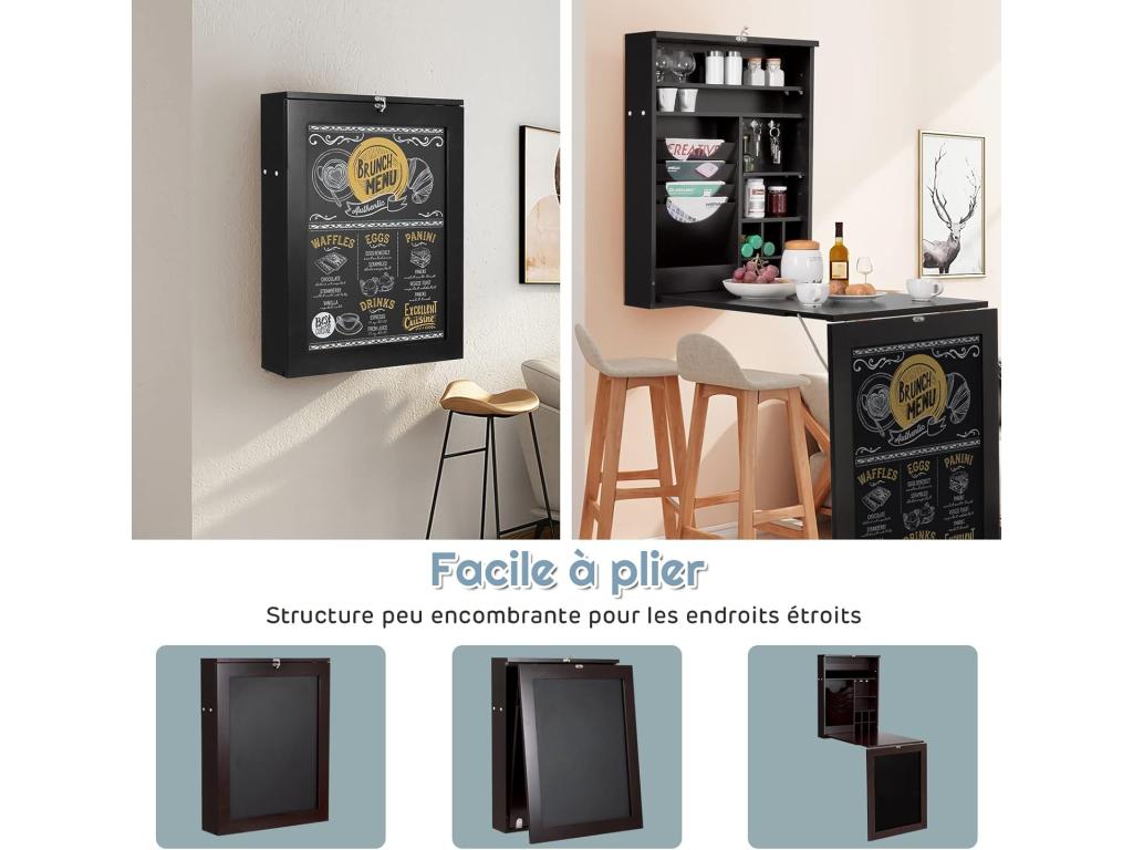 Wall-Mounted Folding Desk with Integrated Compartments and Writable Top, 87x60x150 CM, Black, VGXE90941