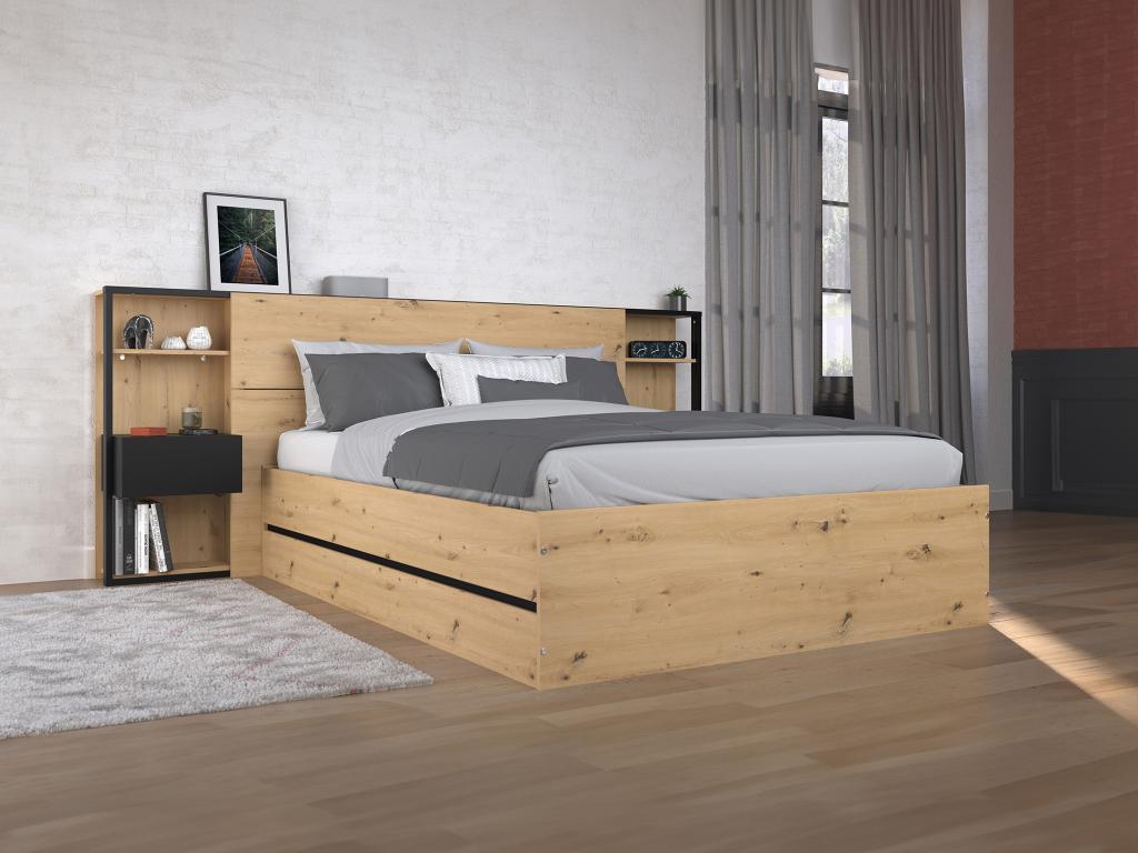 140x190 cm storage bed with bedside tables - Natural color and Zensova mattress - Zensova ATYX32379