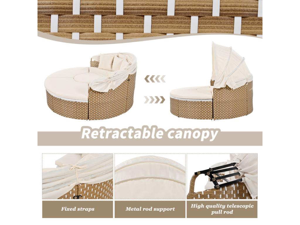 Round garden furniture set - PE rattan sofa with adjustable canopy - 4 seats and 1 coffee table - Beige YLHC30283