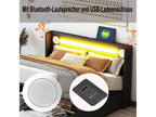 Upholstered double bed 140x200 black with LED lighting, Bluetooth player and USB charging, PU leather storage bed VMIH29036