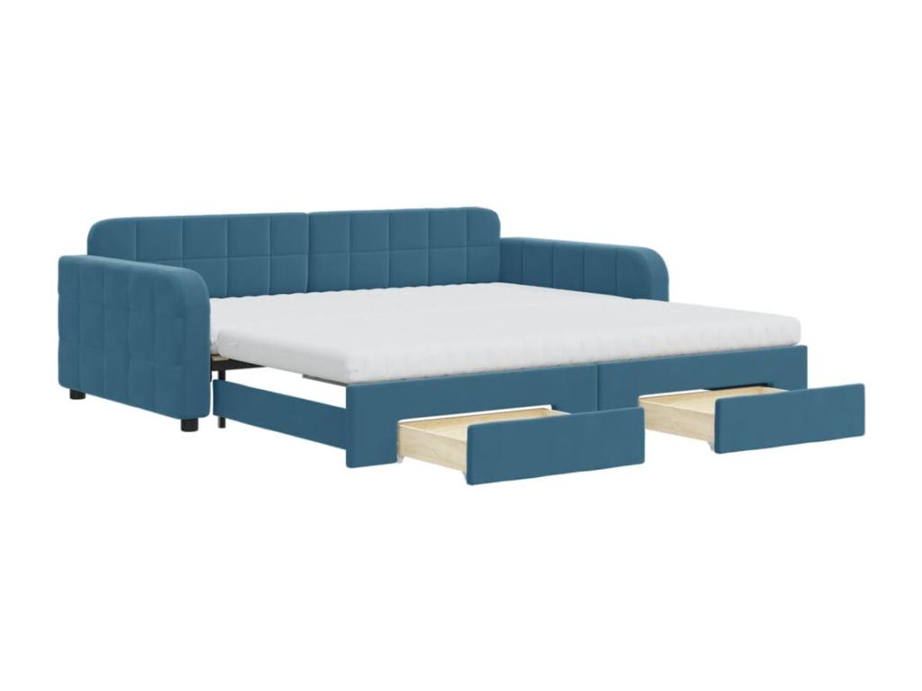Daybed with pull-out bed and drawers, blue, 100x200 cm, velvet, QVMS27067