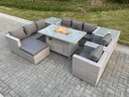 Rattan garden furniture set including gas fire pit table, sofa with 2 armchairs, 2 side tables, and stools, light grey, JYLI33592