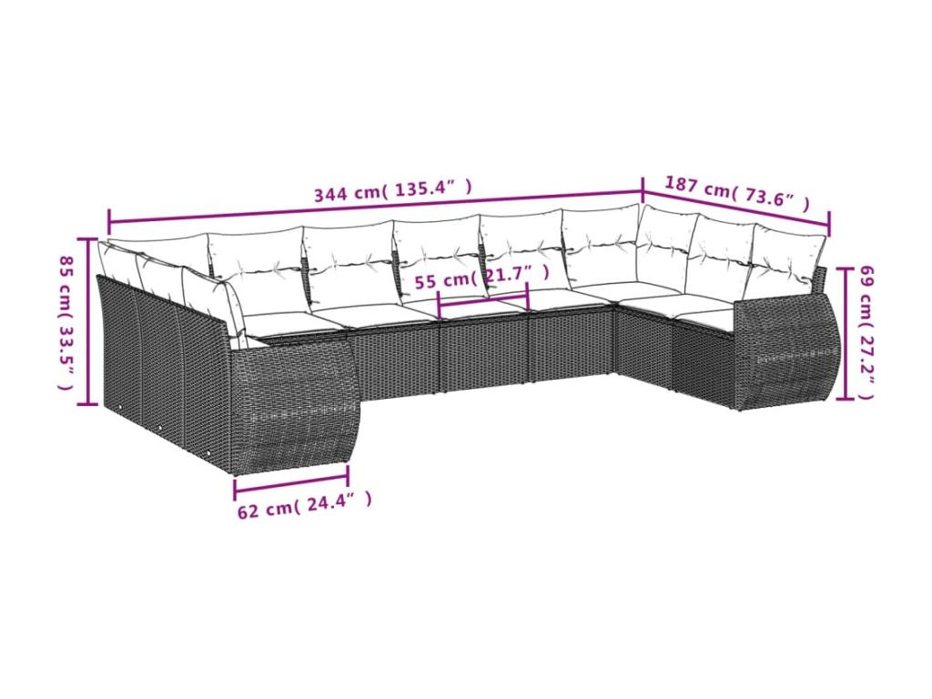 11-piece garden furniture set with cushions, black woven resin EHJA72576