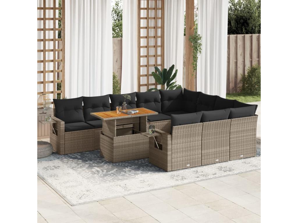 11-piece garden furniture set with grey resin wicker cushions KHUR46661