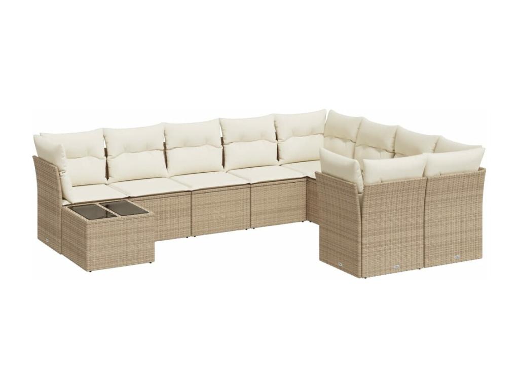 10-piece garden furniture set with cushions, beige woven resin NYDR39579