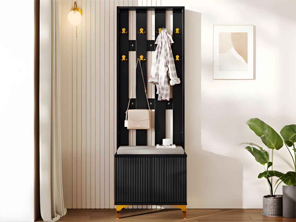 Wardrobe for living room - with hooks and shoe bench - Black ALCM08449