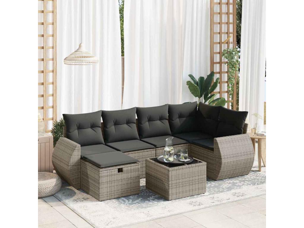 7-piece garden furniture set with cushions, grey woven resin VAPP21750