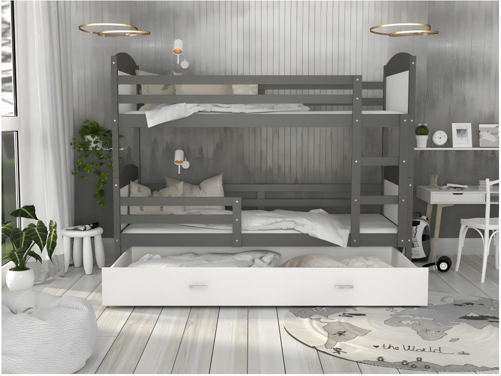 Zensova Bunk Bed 90x190 Grey - White Delivered with slatted bed bases, drawer and 7cm foam mattress DJSI01284