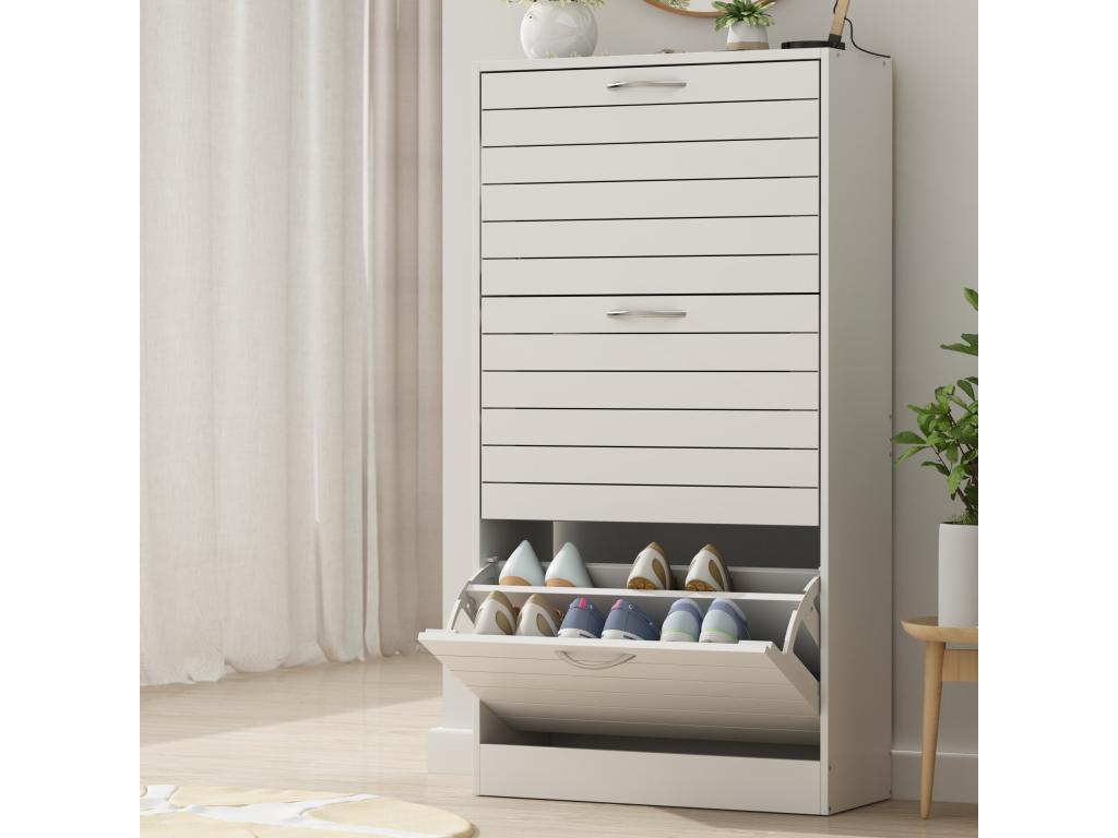 Shoe cabinet, entryway cabinet with 3 drop-down doors, holds 16 pairs of shoes, living room, 40.5x15x121cm, White, PLAC82380