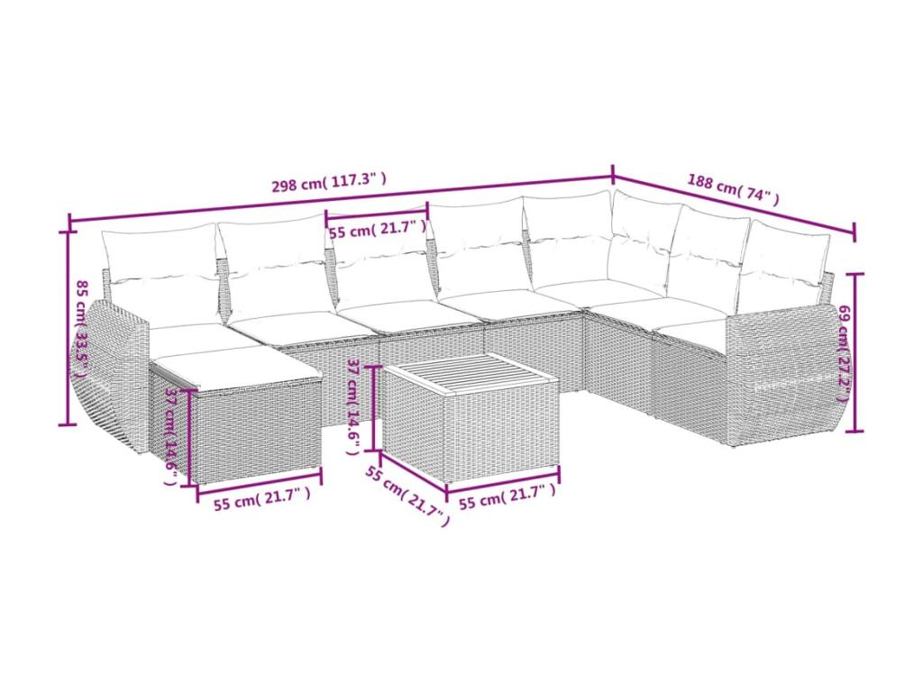 9-piece garden furniture set with grey resin wicker cushions ZIJF56578