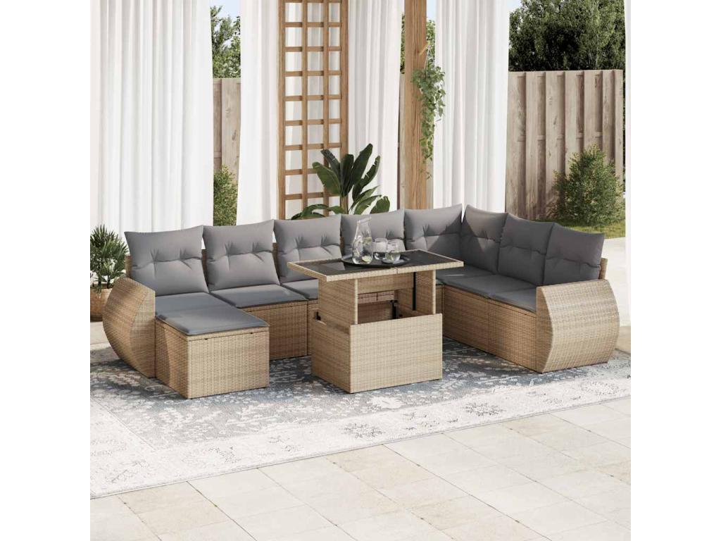 9-piece garden furniture set with cushions, beige woven resin QAMB29855