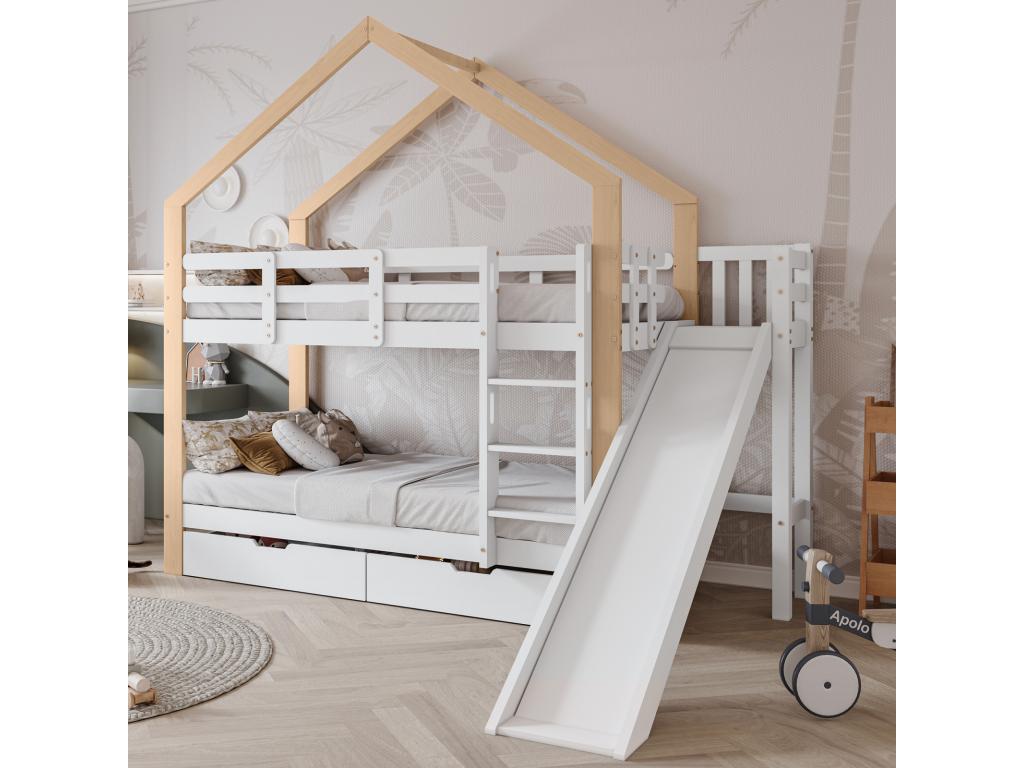 Bunk bed 90x200 cm for 2 sleeping spaces - cabin bed with slide and corner access ladder with 3 steps, 2 solid wood drawers - natural white GLRO76080