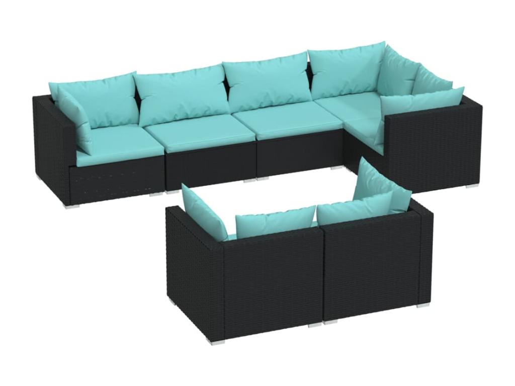 7-piece garden furniture set with cushions, black woven resin, FOKC20846