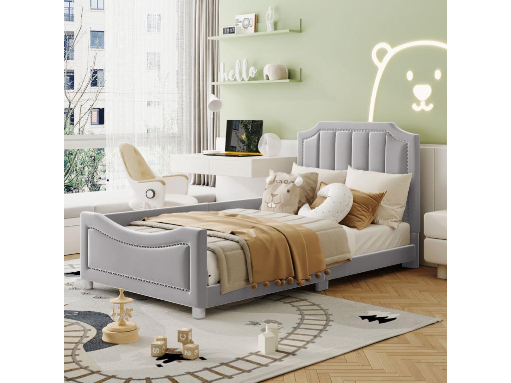 Children's single bed 90x200cm, upholstered in flannel, flat bed with 1 side frame, Zensova fabric and grey headboard BUAV31111