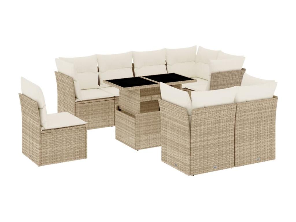 9-piece garden furniture set with cushions, beige woven resin, GUBE26277