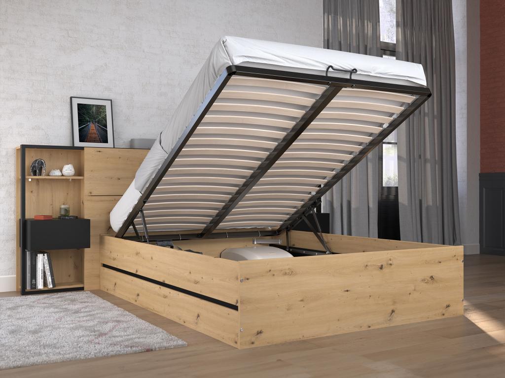 140x190 cm storage bed with bedside tables - Natural color and Zensova mattress - Zensova ATYX32379