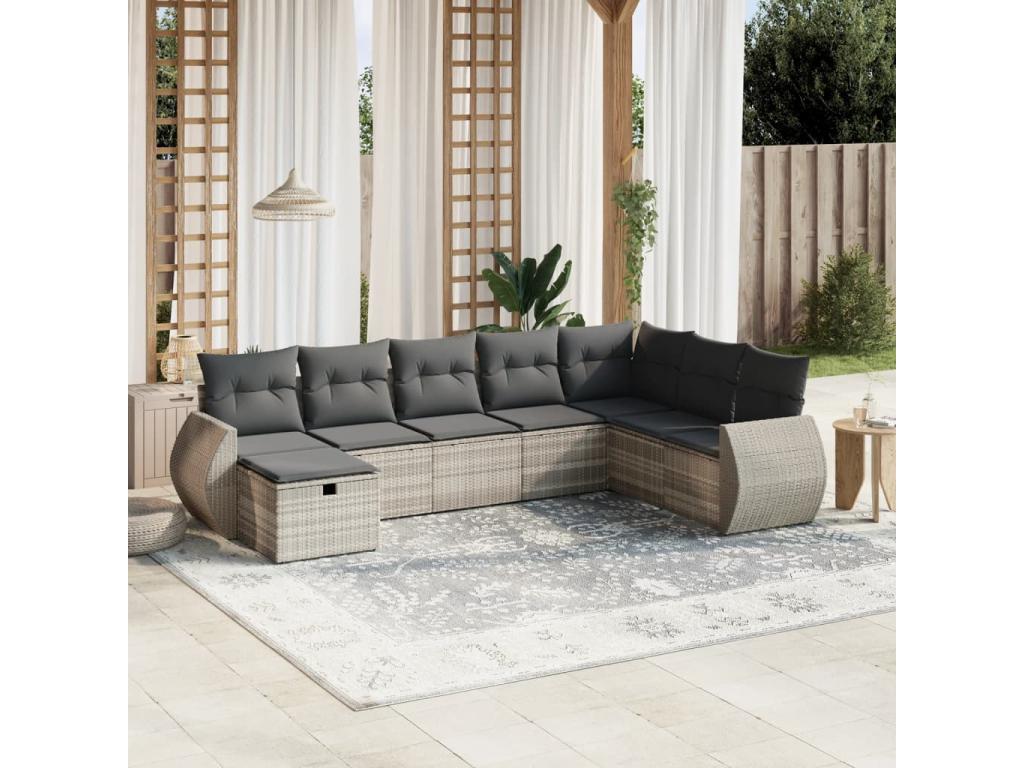 8-piece garden furniture set with light grey cushions, woven resin MSYE01250