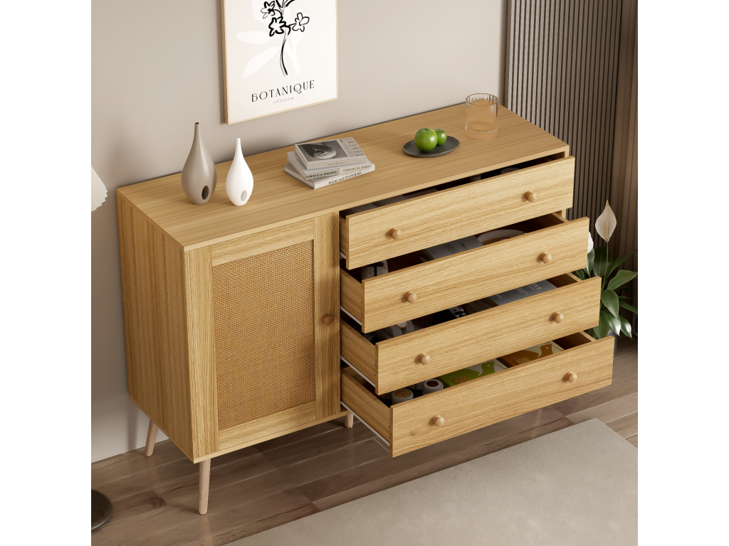 Buffet 120x40x836cm - Cabinet with 4 drawers and 1 rattan door - made of MDF PB wood - wood color NJEP64812