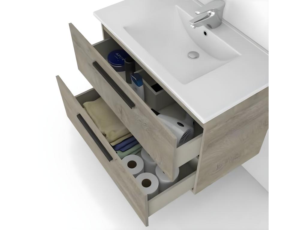 Wall-hung bathroom vanity unit, 60 cm, with 2 drawers and mirror - Height 57 x Length 60 x Depth 45 cm KDFS06448