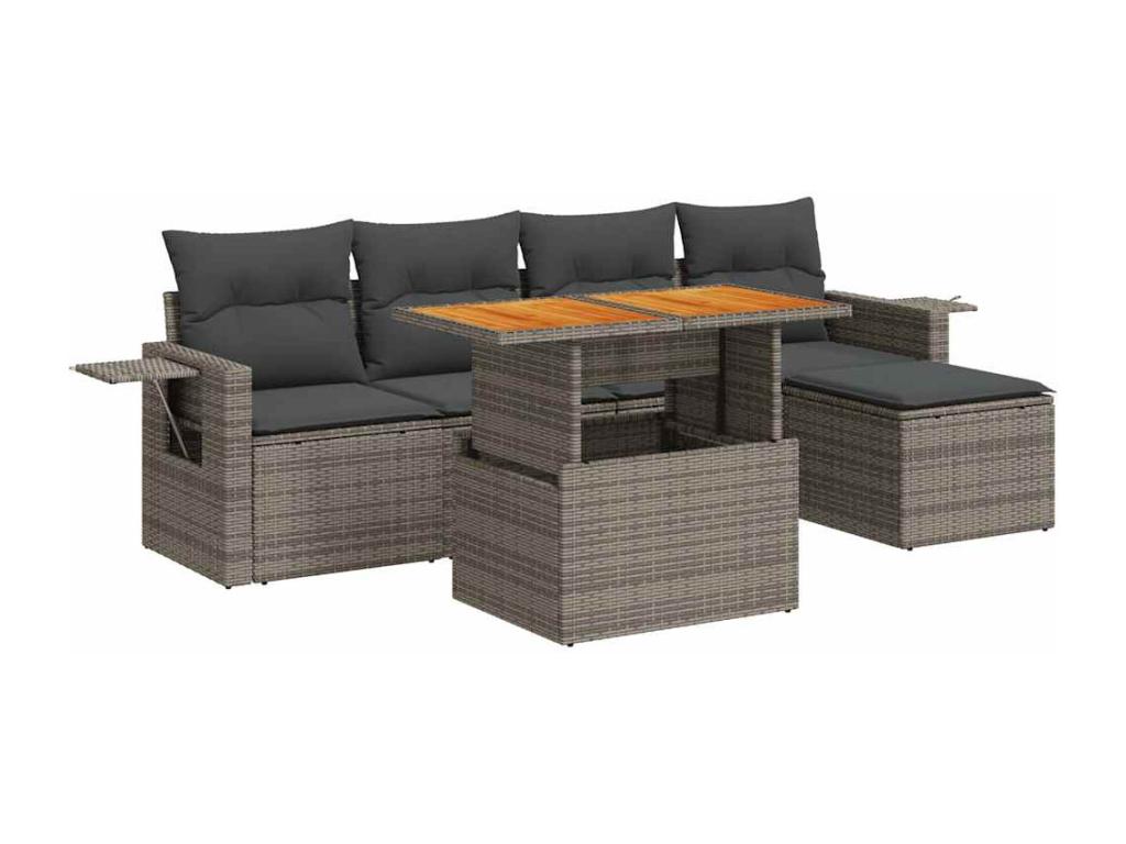 6-piece garden furniture set with grey resin wicker cushions KSMC05506