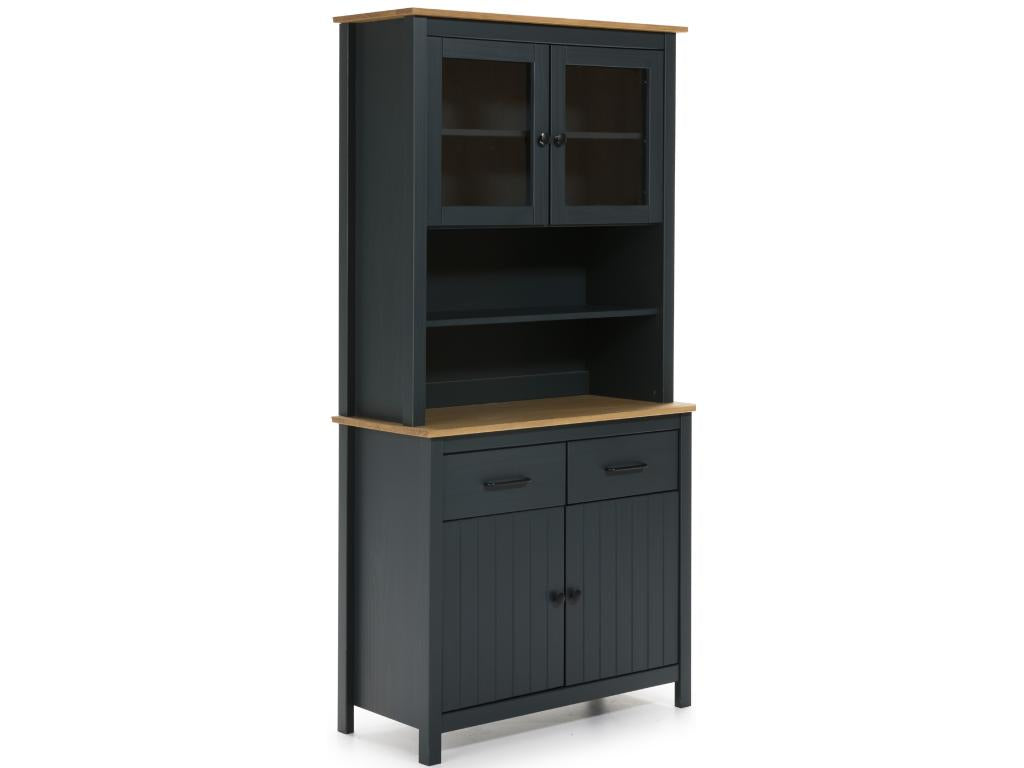 Solid pine display cabinet with waxed oak and blue finish - Length 90 x Depth 40 x Height 180 cm VUSL25954