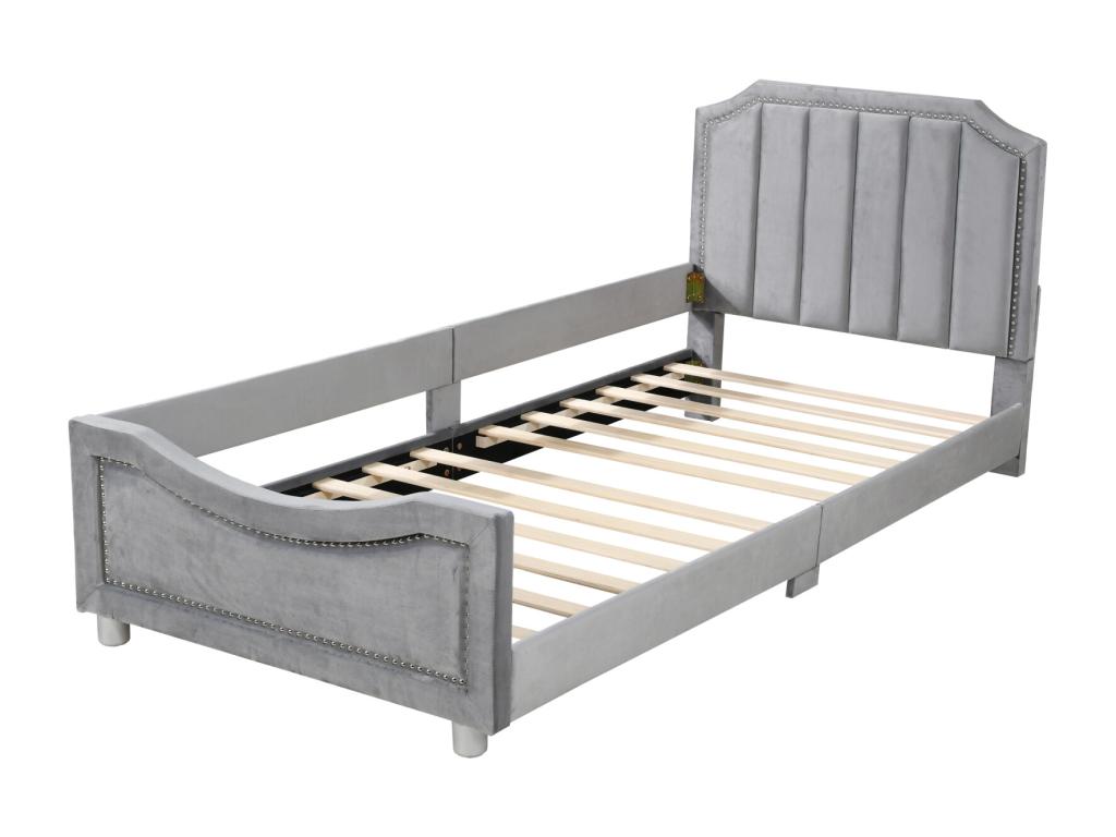Children's single bed 90x200cm, upholstered in flannel, flat bed with 1 side frame, Zensova fabric and grey headboard BUAV31111