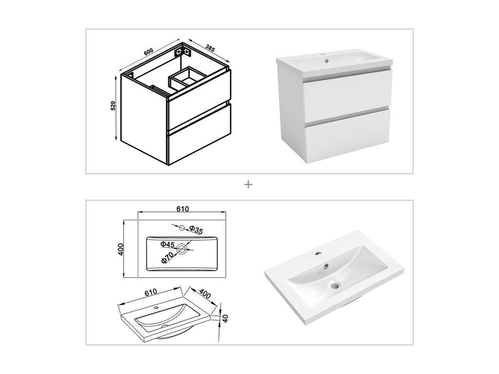 Bathroom vanity unit set, 60cm, pedestal sink x2, white mirror DHKA31721