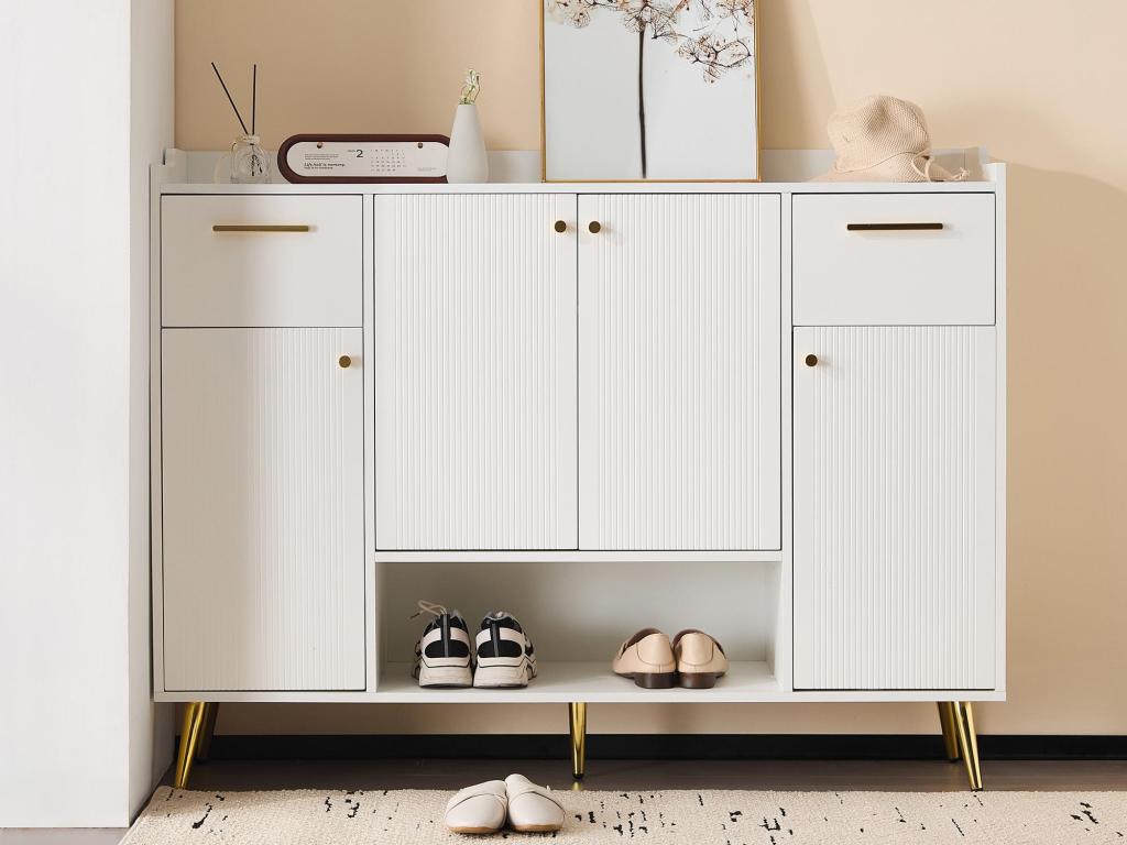 Shoe cabinet - 2 drawers, 4 doors, open compartment - White SMTG48362