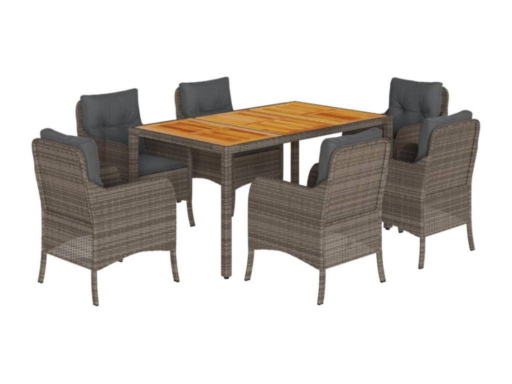 7-piece garden dining set and cushions, grey rattan BFWQ90628