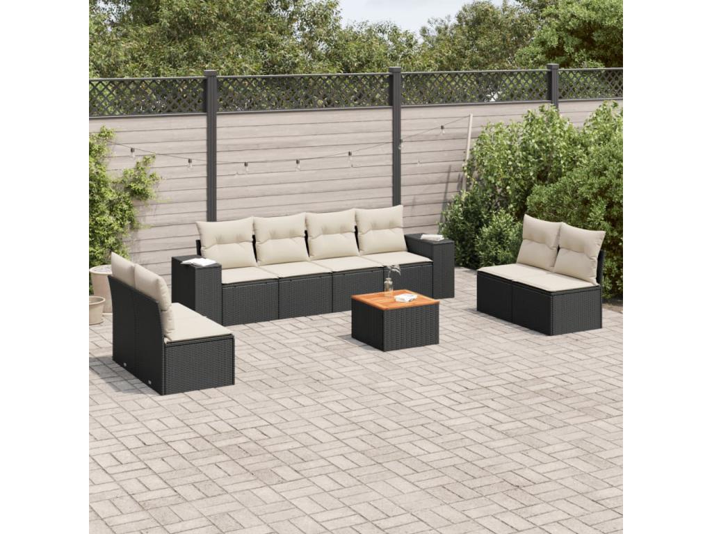 9-piece garden furniture set with cushions, black resin wicker GWXM07952