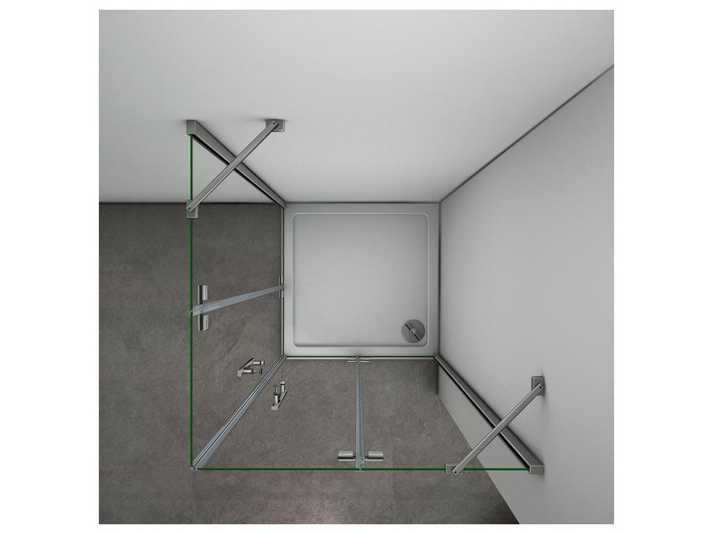 Hinged shower enclosure 90x80x185cm in 6mm tempered glass with anti-limescale coating, pivoting shower door with small fixed corner bar PNLA13773