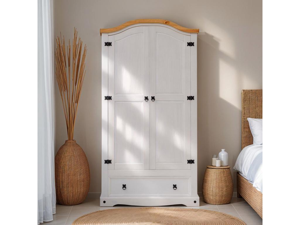 Zensova 2-door, 1-drawer wardrobe in solid pine, white/natural finish, 100x190x51 cm - clothes wardrobe with hanging rail, cottage style EHUJ07312