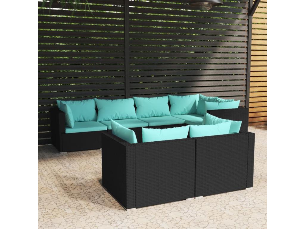 7-piece garden furniture set with cushions, black woven resin, FOKC20846