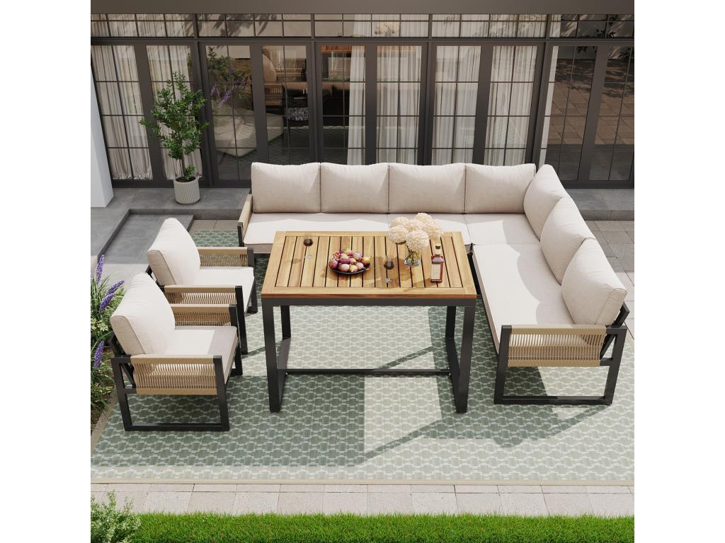 Metal garden furniture set, modular sofa and coffee table with 2 armchairs, 7-8 seater, Beige GAAJ09556