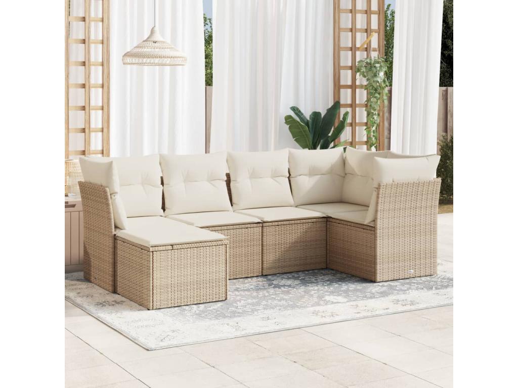 6-piece garden furniture set with cushions, beige woven resin UWQJ76583