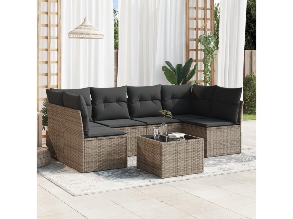 Garden furniture set with cushions, 7 pieces, grey woven resin, BEXF36770