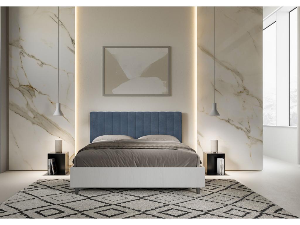 Bed without slatted base 160x190 white ash frame blue microfiber headboard Lumenao ASHG16517