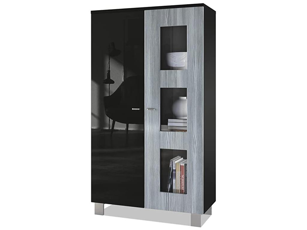 Freestanding display cabinet with 2 doors and 3 panes of glass, Zensova matte/ Zensova high gloss/ Zensova anthracite, 71x129x35 cm, MKTH37456